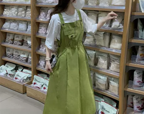绿色背带裙女夏季小个子工装两件套装初中生学...