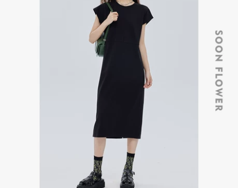 开叉小飞袖一步裙圆领直筒长裙小众设计师短袖...