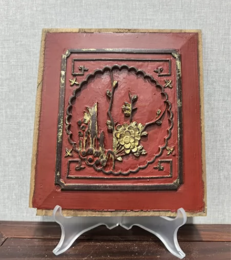 清代朱红鎏金花板，香樟木工艺精金水好保老。...