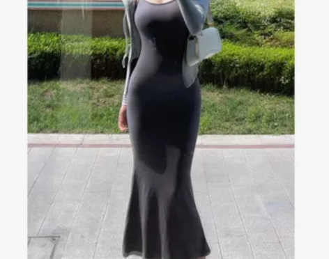 ?纯欲中长款无袖吊带连衣裙女夏季性感紧身收...