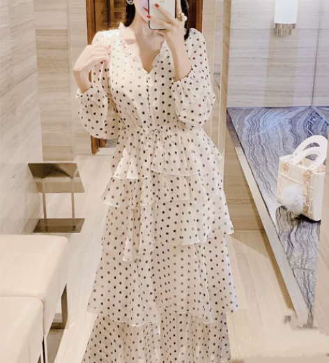 法式少女V领长裙荷叶边系带收腰复古波点金线...