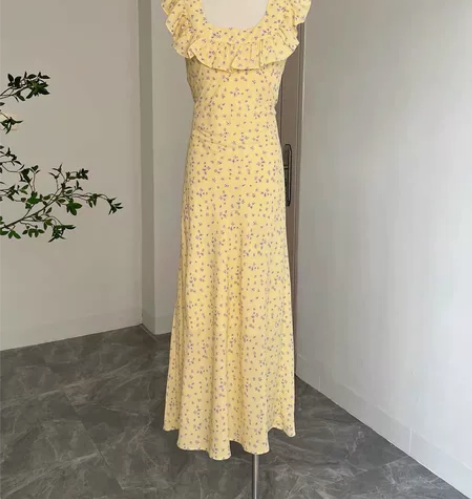 法式少女碎花中长款荷叶边裙女性感修身夏季度...