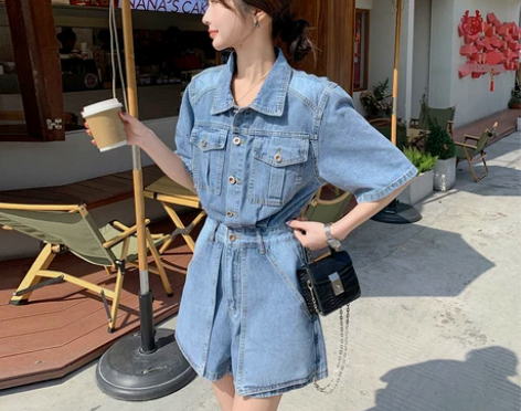 现货2024夏季牛仔连体裤工装裤小个子洋气...