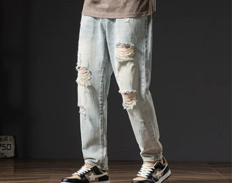 乞丐大破洞浅色牛仔裤男款宽松直筒夏季新款美...