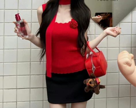 现MOXI夏日复古修身显瘦木耳边花朵针织背...