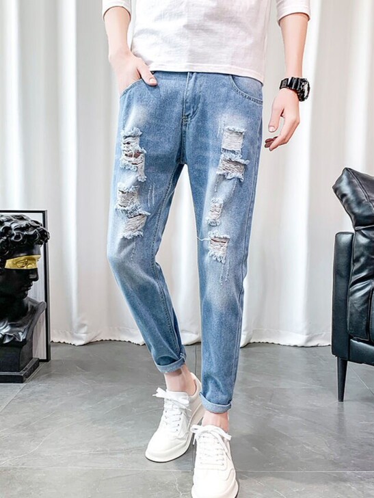 男士破洞牛仔裤韩版修身小脚学生潮流百搭乞丐...
