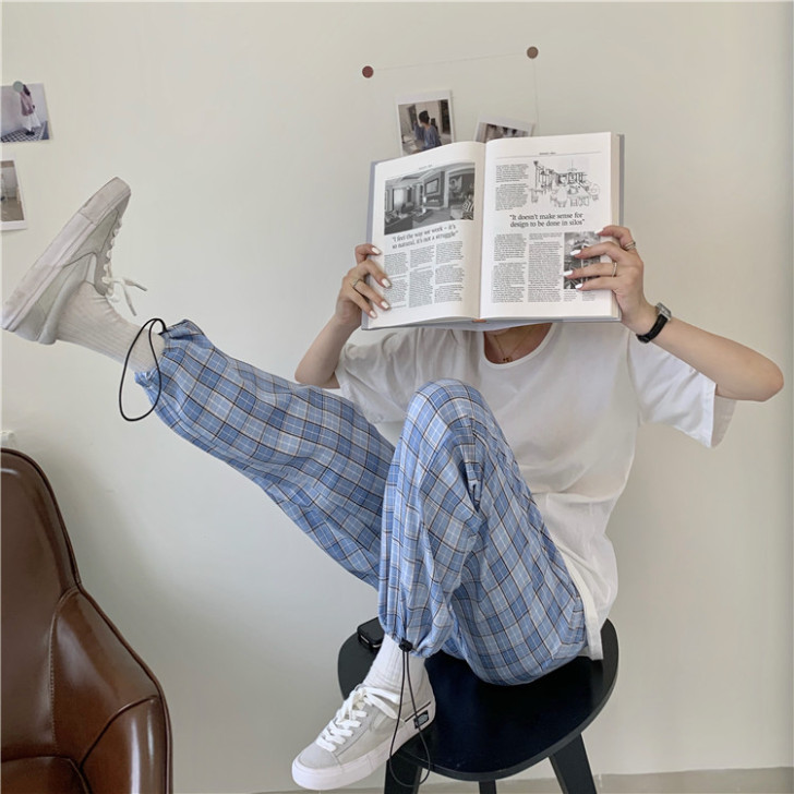 荒荒家 格子束脚裤2020夏季新款格纹高腰...