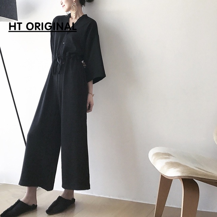 2021春秋新款宽松黑色休闲连体裤女宽松V...