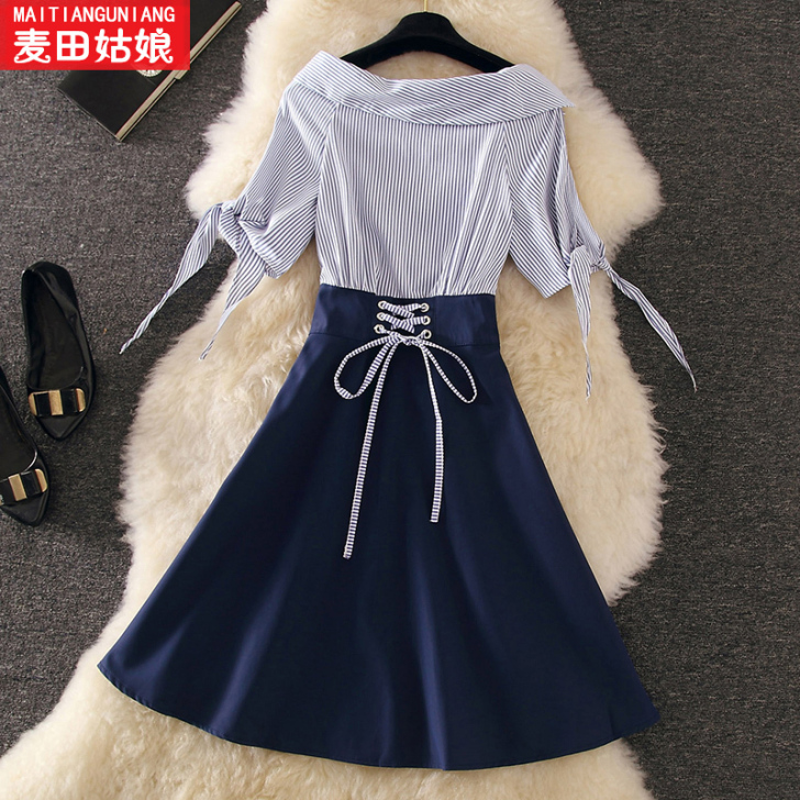 2020流行夏天裙子新款一字肩上衣女法国复...