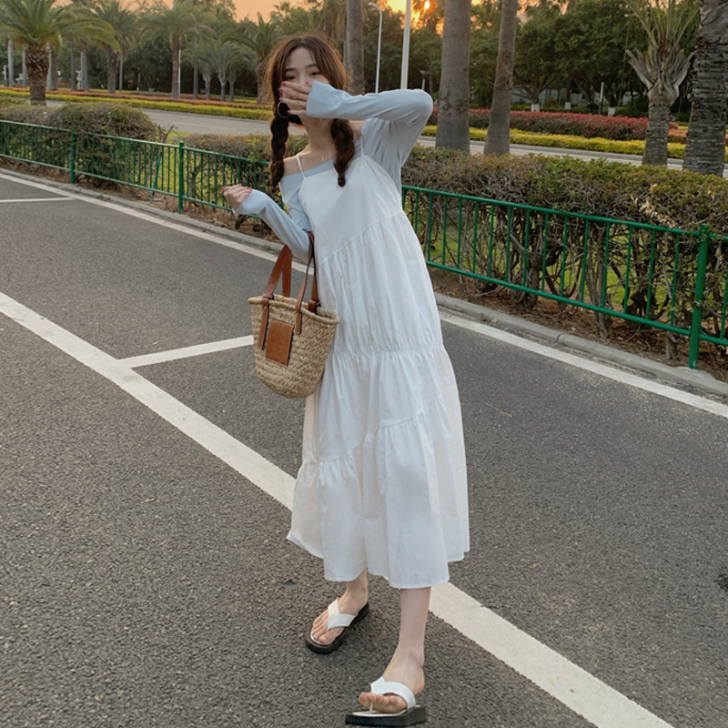 （穿了一次！小众方领褶皱连衣裙女韩版过膝中...