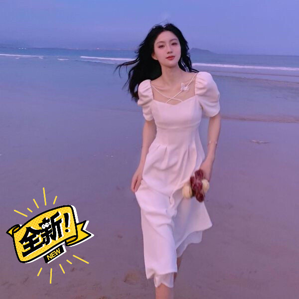 森系连衣裙女夏装高档温柔风长裙白色法式初恋...