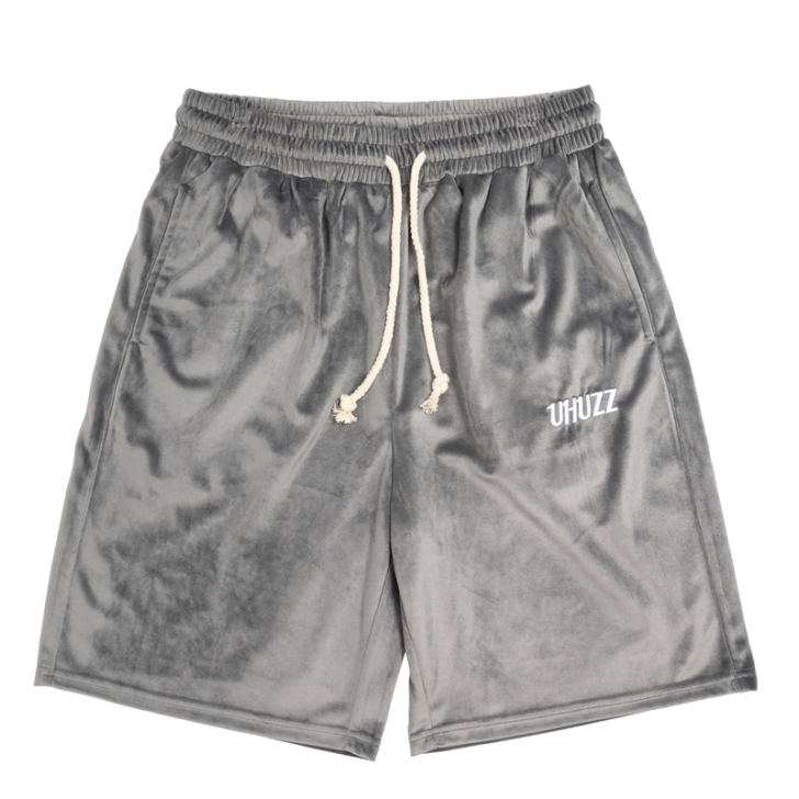 UHUZZ笑脸刺绣丝绒短裤潮牌夏季五分裤宽...