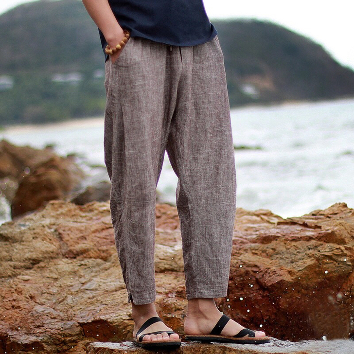 【高品质】男士夏季中国风亚麻裤子宽松棉麻九...