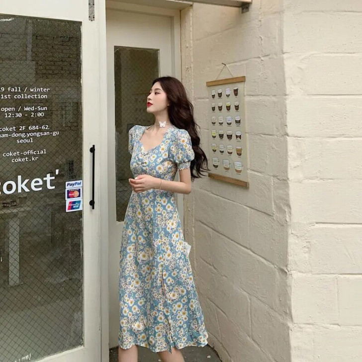 【特价清仓】小雏菊长裙显瘦泡泡袖2021夏...