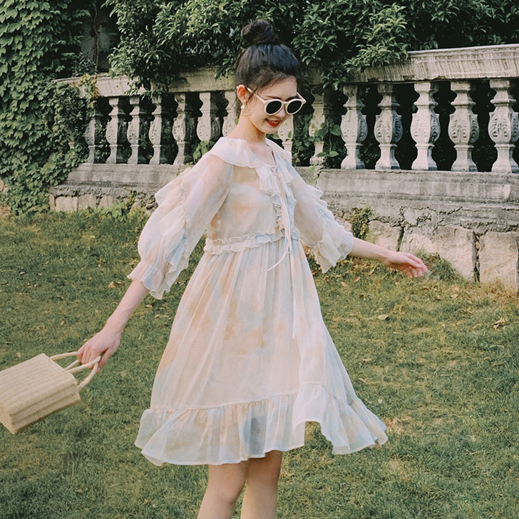 梅子熟了 仙女超仙森系不对称裙子荷叶边雪纺...