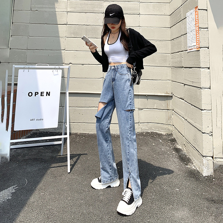 小米熊高腰垂感牛仔裤女夏季薄款破洞宽松直筒...