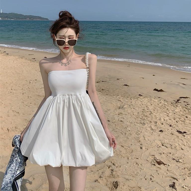 高级感气质裙子女夏季度假小个子收腰一字肩抹...
