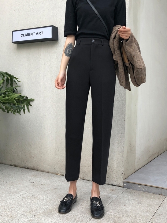 出 春夏黑色高腰宽松直筒裤休闲大码垂感烟管...