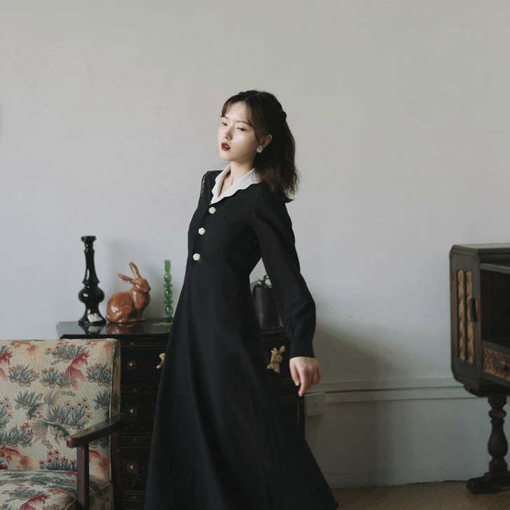 法式赫本小黑裙 过膝长裙宫廷风