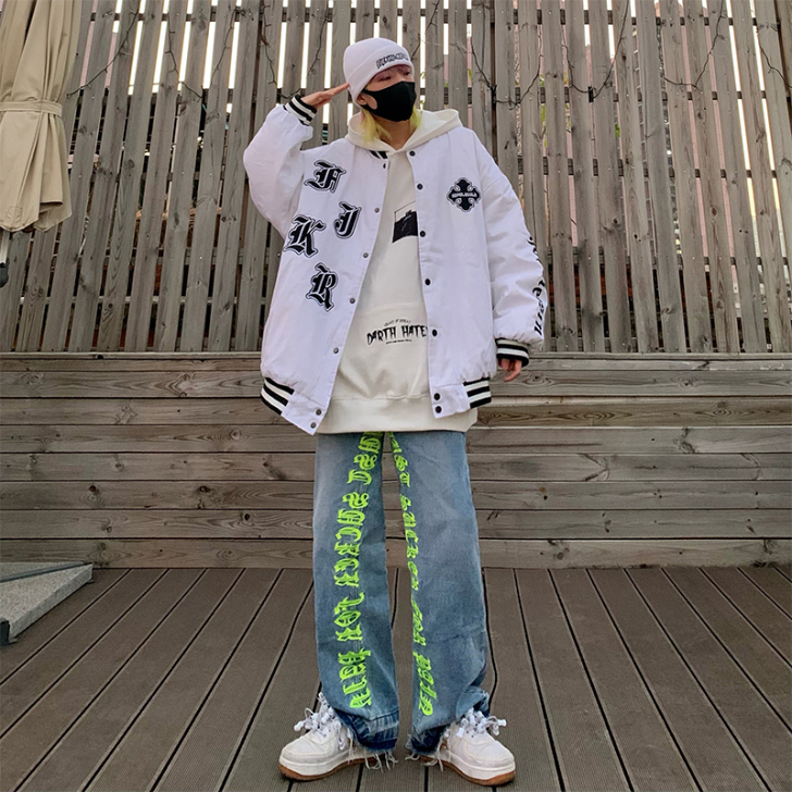 欧美高街水洗字母刺绣牛仔裤宽松潮牌vint...