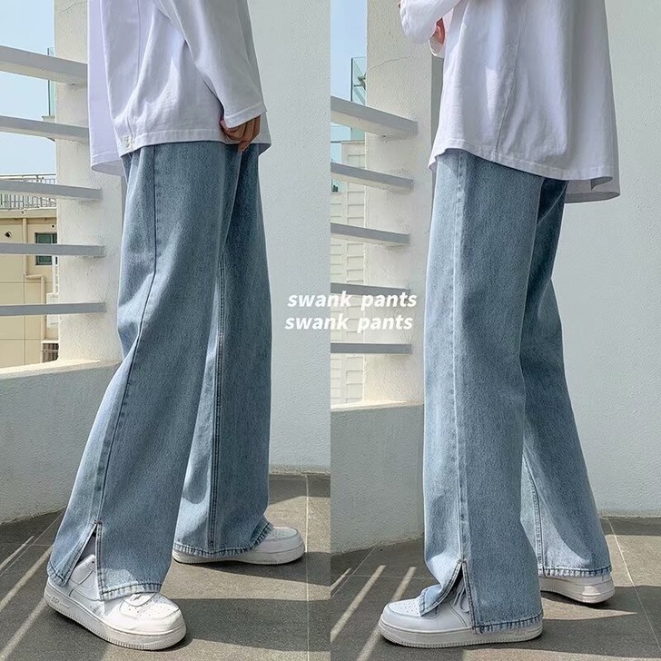 开叉牛仔裤男夏季薄款潮牌宽松百搭直筒拖地长...