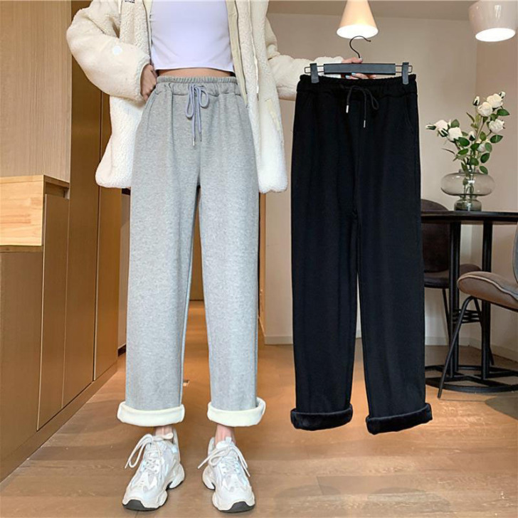 秋冬裤子女加绒宽松直筒高腰休闲萝卜老爹裤女...