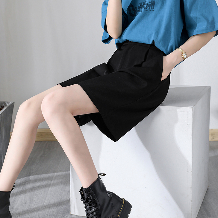 黑色西装短裤女夏季薄款宽松阔腿大码胖mm高...