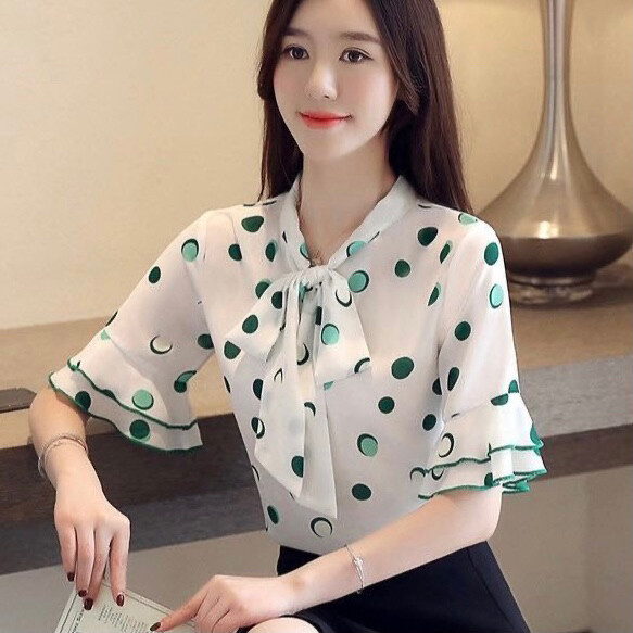 大码波点雪纺短袖衬衫洋气宽松遮肚波点蝴蝶结...