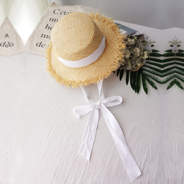 2017春夏复古撕边加长蝴蝶结拉菲大沿草帽...