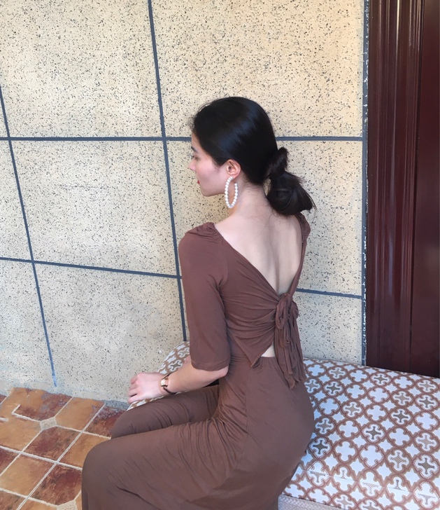 晚时光复古中袖连衣裙优雅温柔小心机露腰蝴蝶...