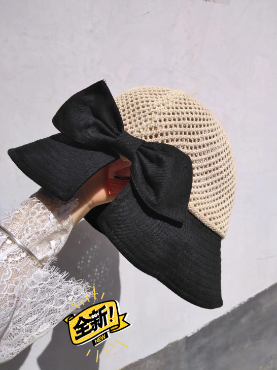 【防晒帽】春夏新款百搭渔夫帽子女针织镂空拼...