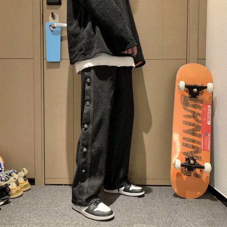 排扣牛仔裤男潮牌高街ins宽松直筒阔腿长裤...