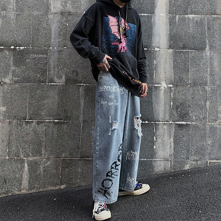 ins破洞水洗嘻哈潮牌高街宽松直筒老爹裤涂...