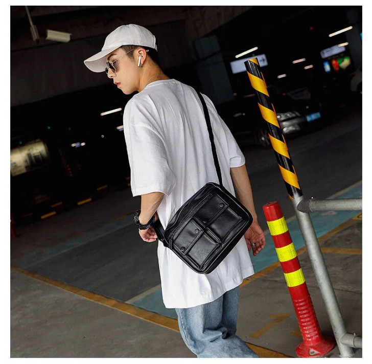 新款男士单肩包街头潮流时尚简约多口袋斜挎包...