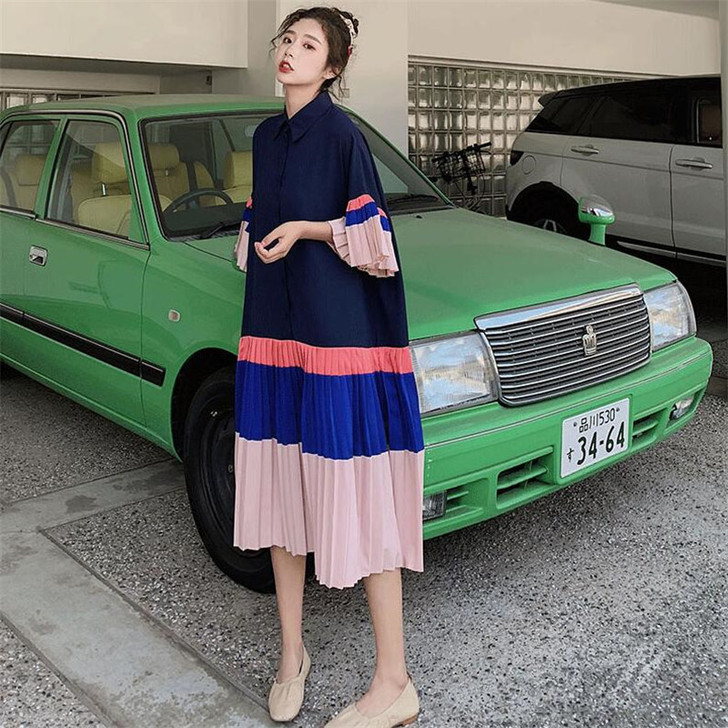 香港潮牌不规则设计感裙子撞色假两件拼接连衣...