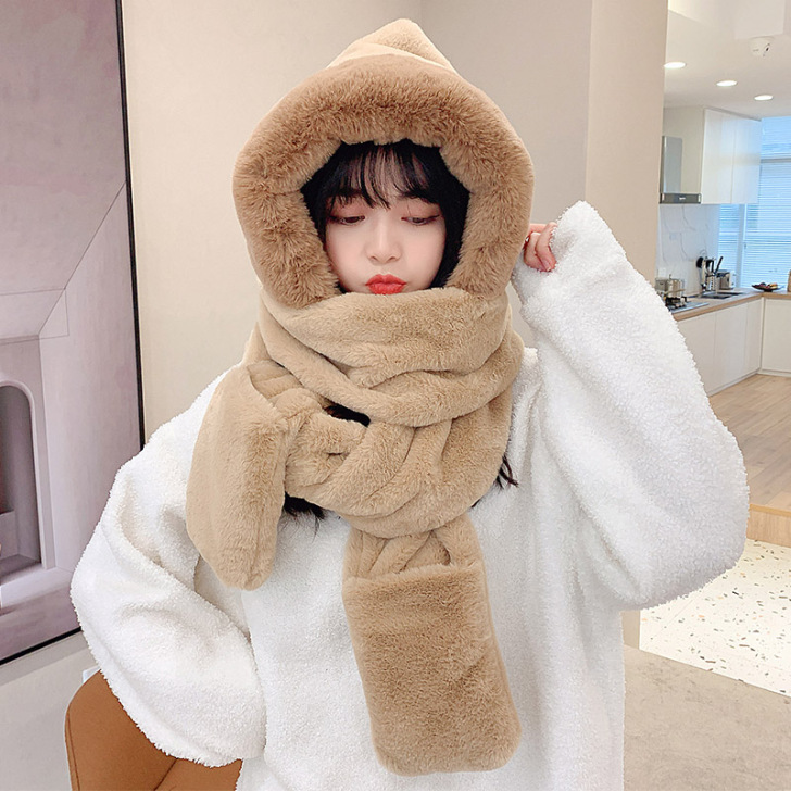 帽子围巾手套一体女冬毛绒韩国羊羔绒保暖可爱...