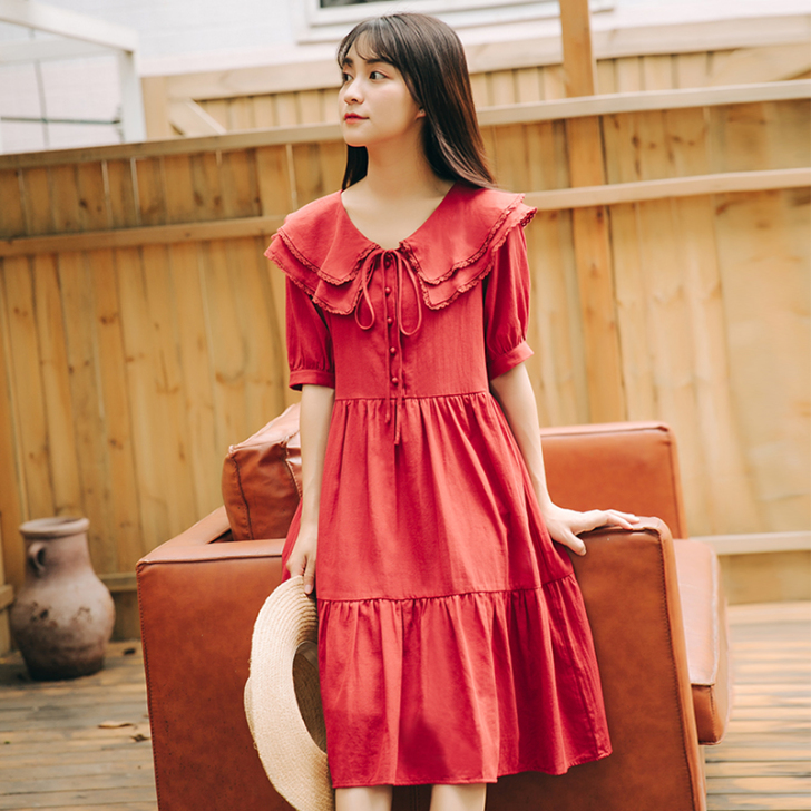 2019新款小清新夏装裙子学生红色宽松娃娃...