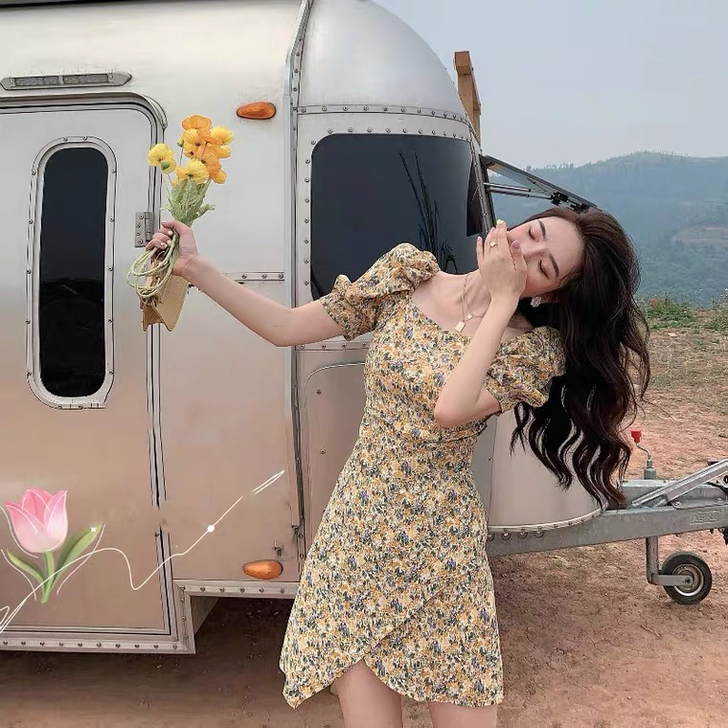 黄色碎花裙,全新,实图看图三图四