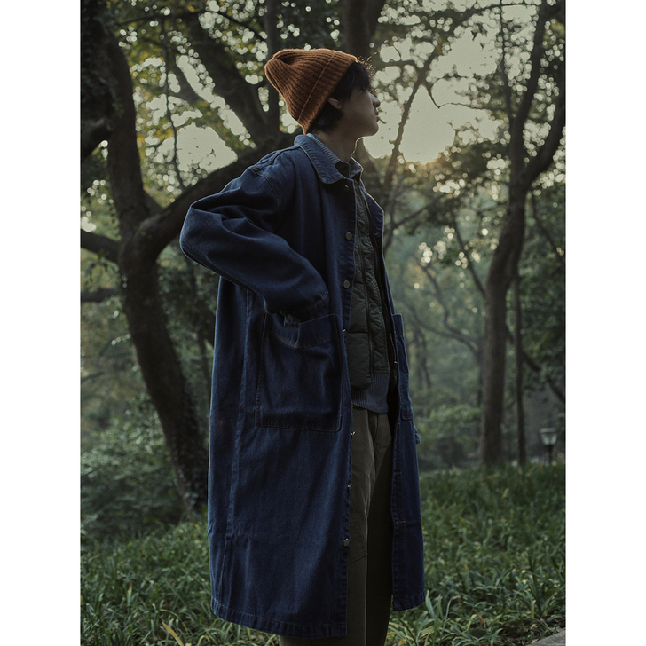 危机青年日系简约中长款牛仔风衣男复古宽松过...