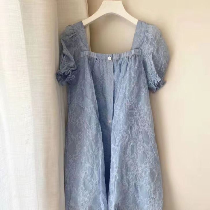 可爱提花娃娃裙女中长款泡泡短袖连衣裙