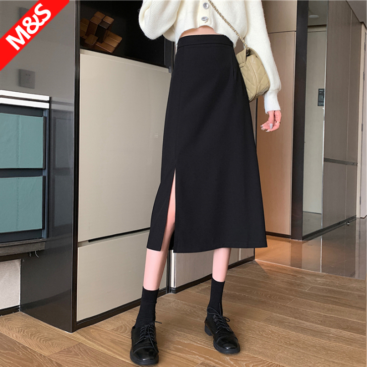 黑色半身裙女垂感打底开叉中长秋冬设计感高腰...