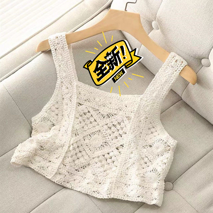 钩花小马甲镂空针织背心女初秋新款港味小吊带...