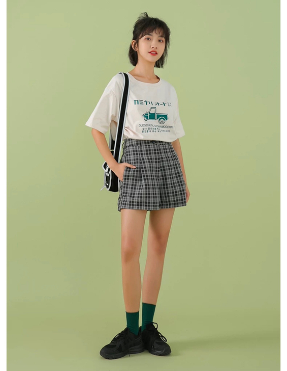 格子a字短裤女夏天新款外穿宽松高腰阔腿裤休...