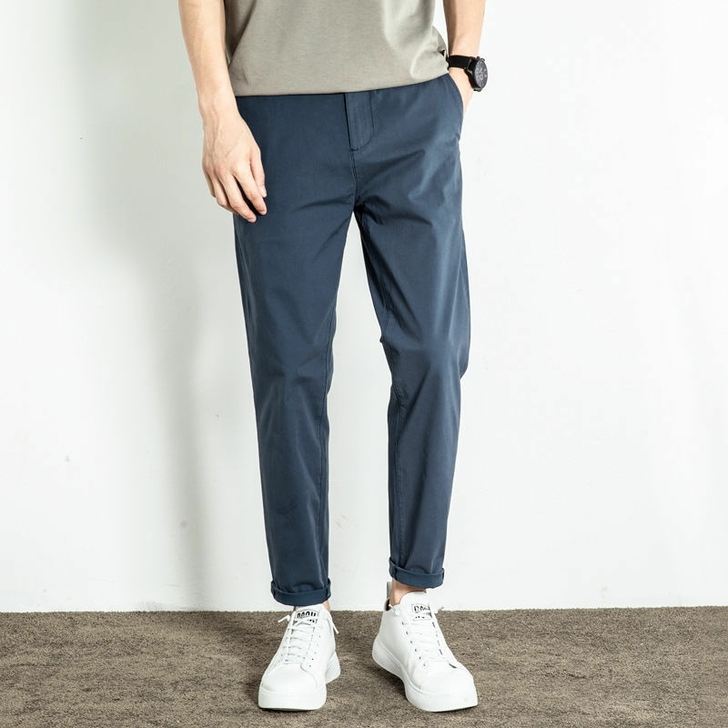 夏季薄款九分休闲裤男潮流宽松直筒宝蓝色纯棉...