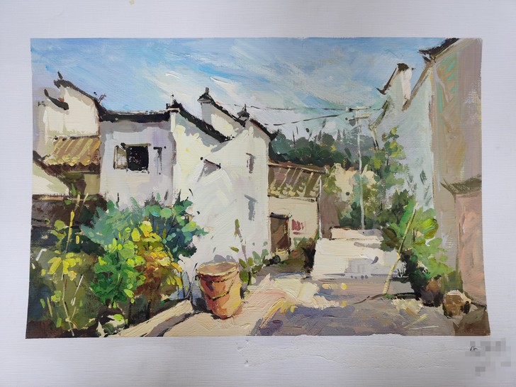 【现货】手绘宏村小景作品水粉画