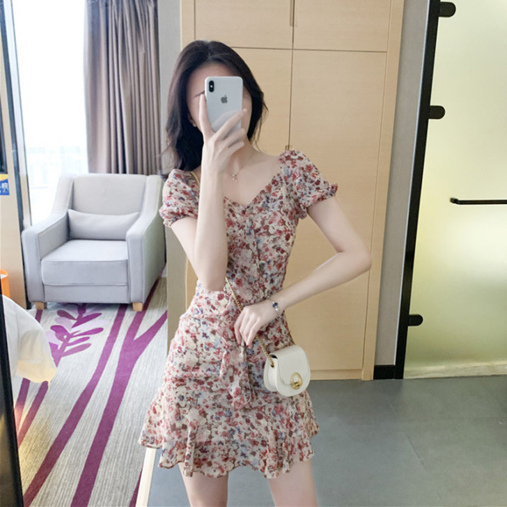 一字肩裙子夏150小个子梗桔初恋森系复古短...