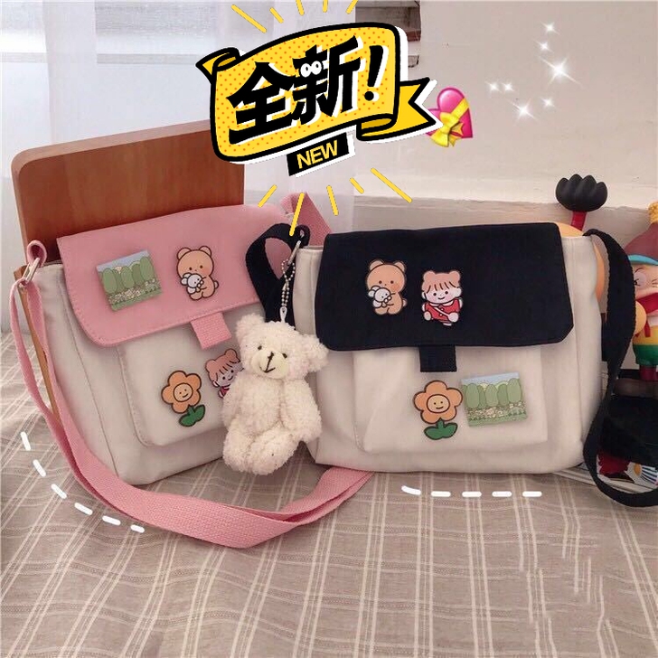 全新 ins日系原宿可爱古着感软妹斜挎帆布...