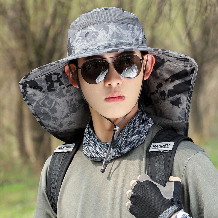 护脖披肩防晒帽子男钓鱼帽户外登山徒步旅行遮...