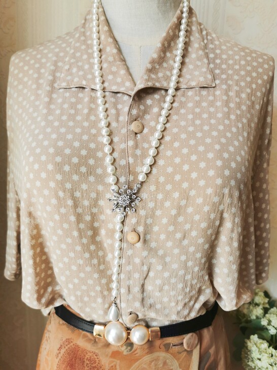 vintage古着小翻领奶茶色小白花纱衬衫...