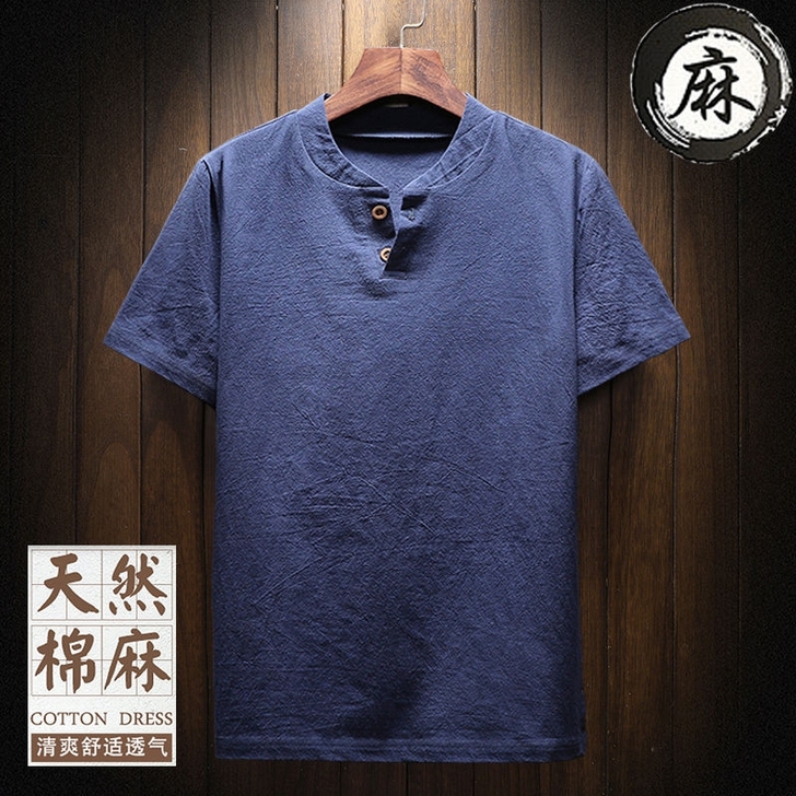 棉麻短袖T恤男上衣宽松亚麻料t血薄款胖子半...